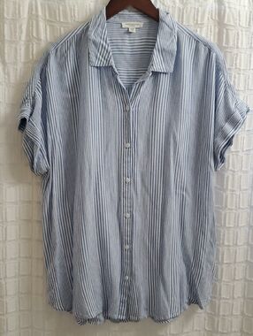 beachlunchlounge Blue and White Vertical Stripe Short-Sleeve Button Shirt